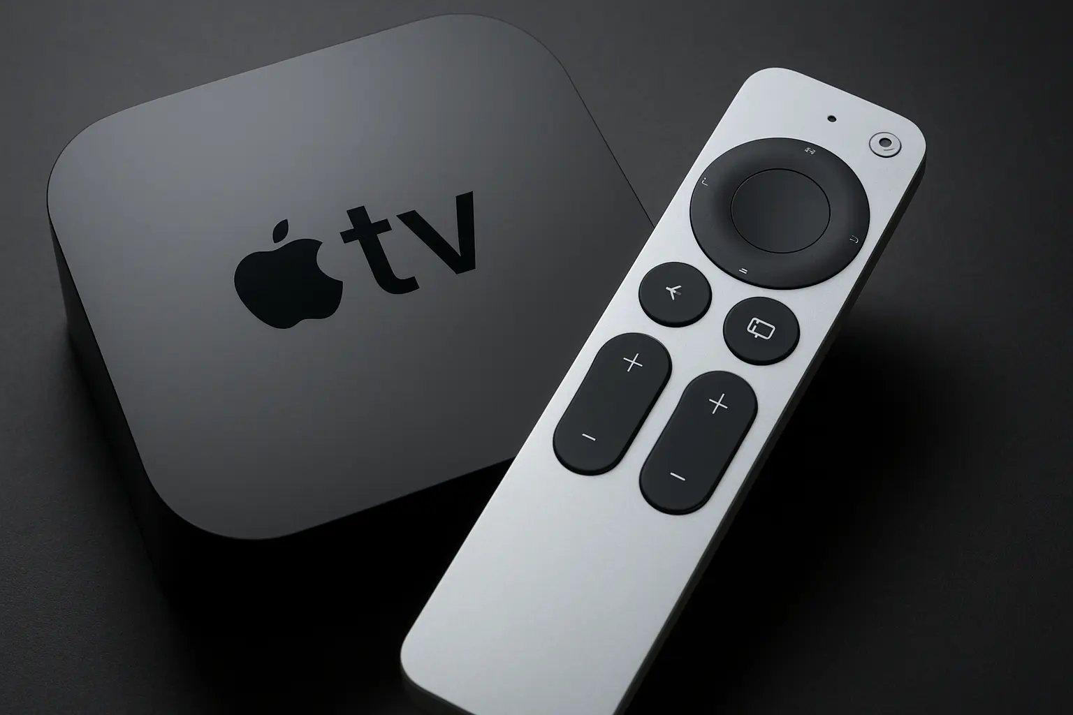 Apple TV box with Siri Remote on dark surface