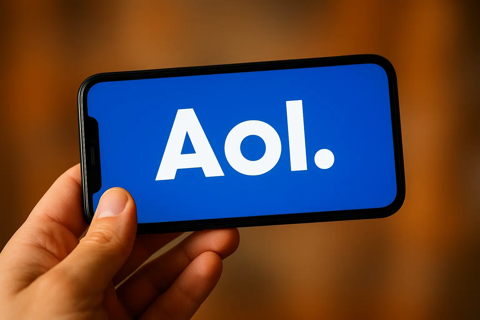 Close-up of hand holding phone with AOL logo displayed