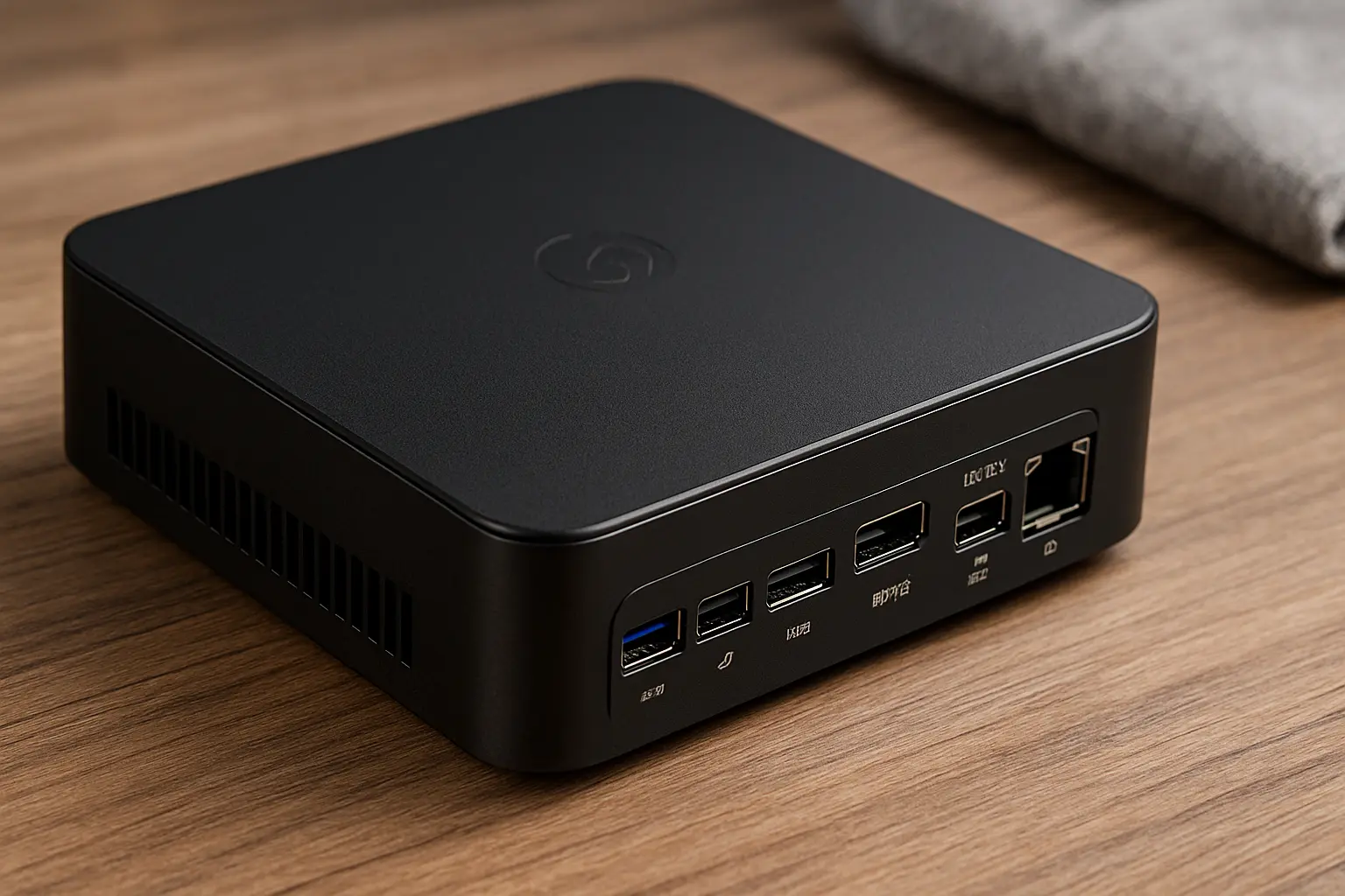 Compact black mini PC on wooden desk with visible ports.