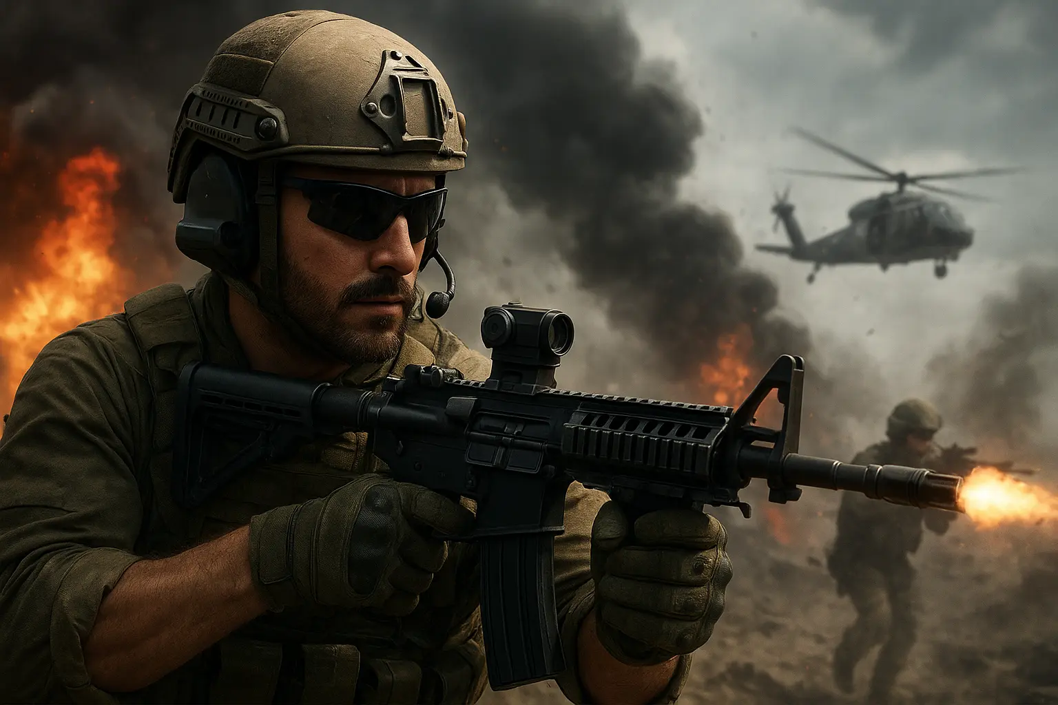 Delta Force soldier aiming rifle with explosions and helicopter