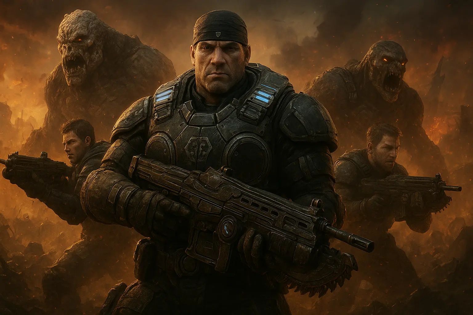 Gears of War soldiers battling monsters in fiery battlefield