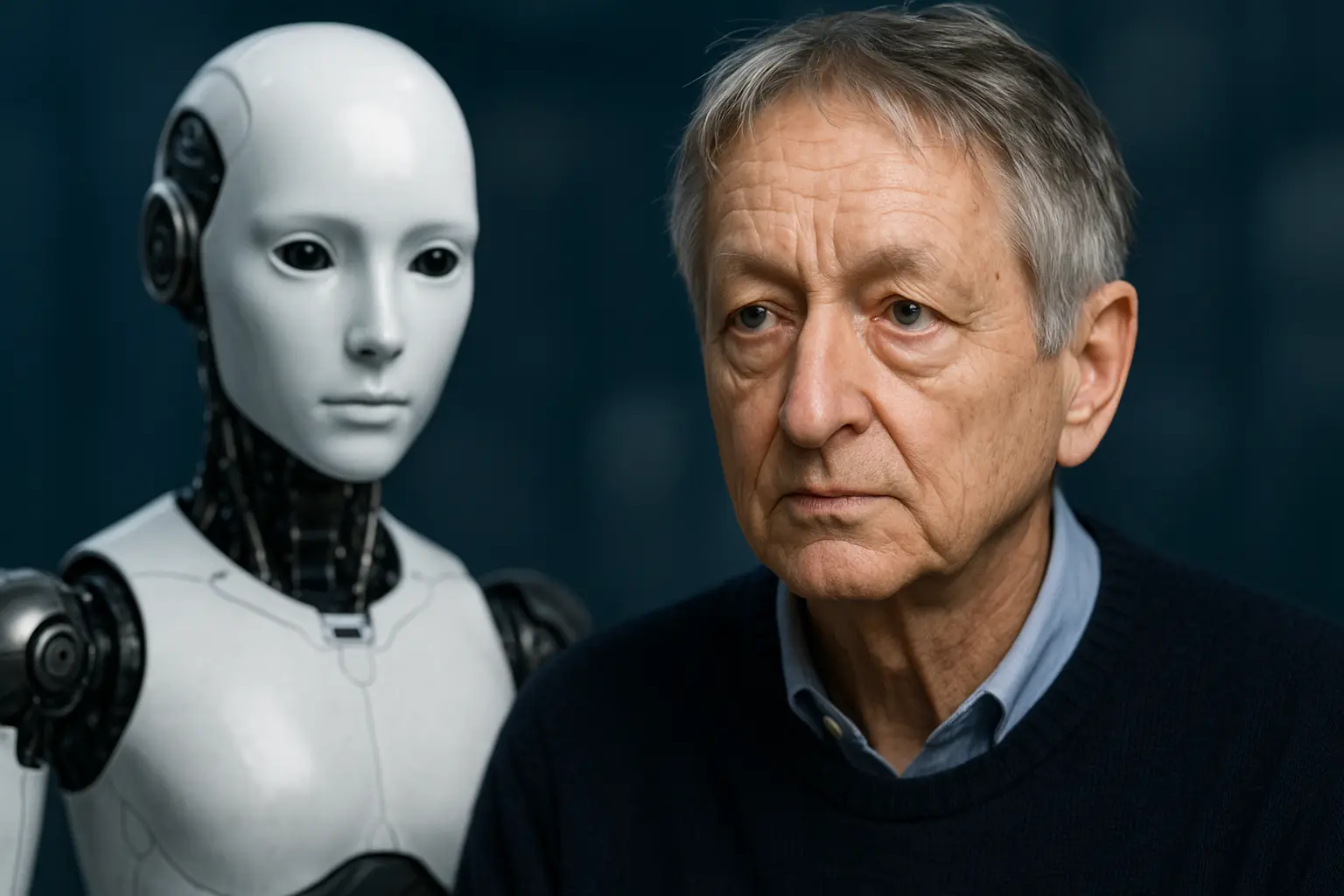Geoff Hinton beside humanoid robot in 8K detail