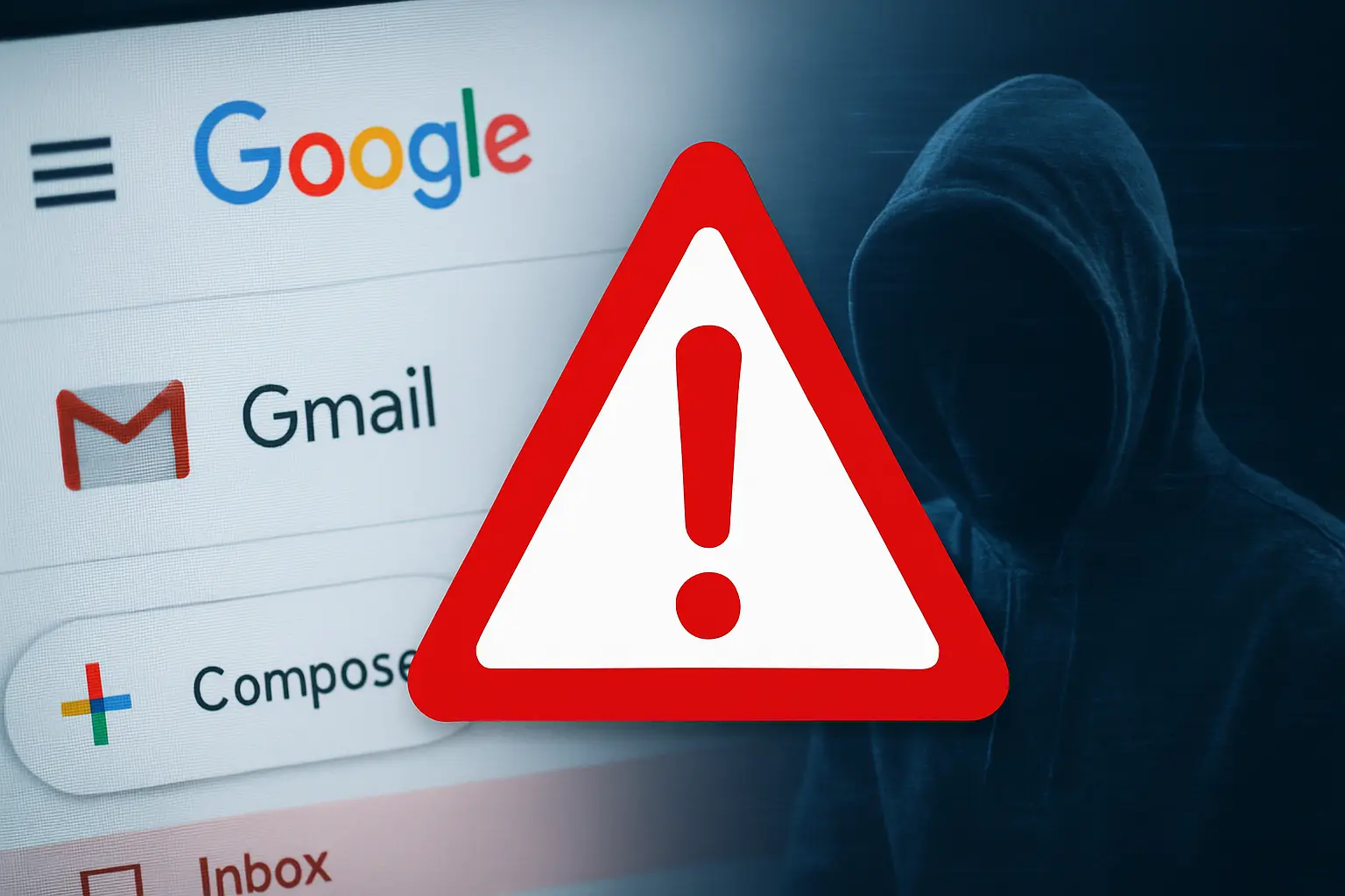 Gmail warning alert with hacker threat in background