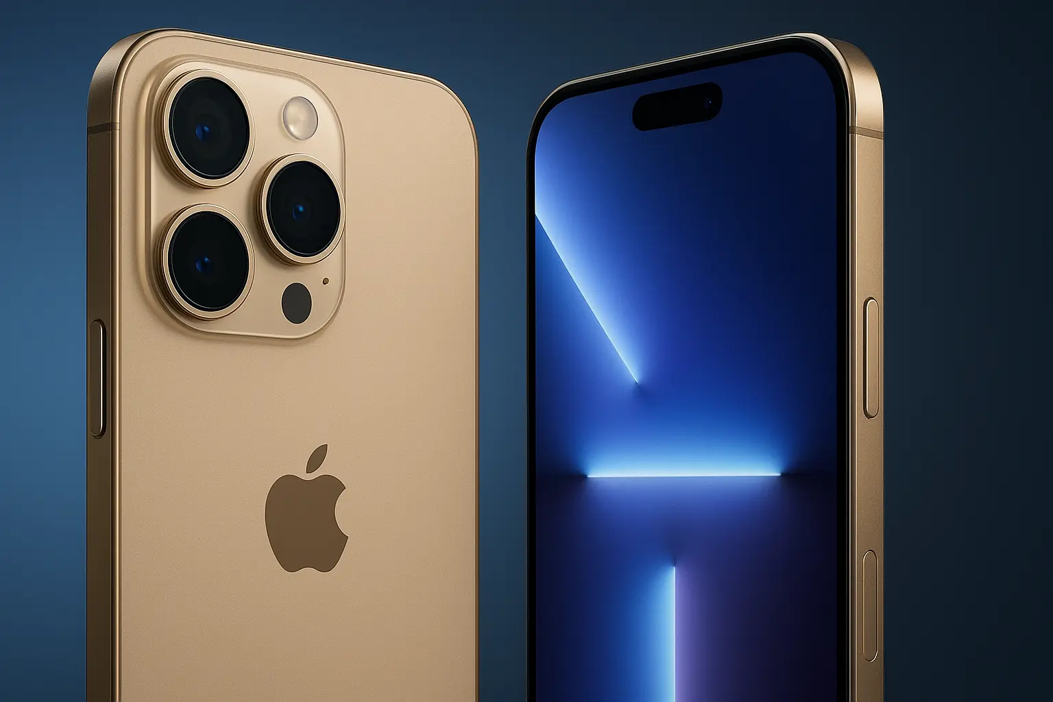 Gold iPhone 17 Pro Max front and back on blue gradient background