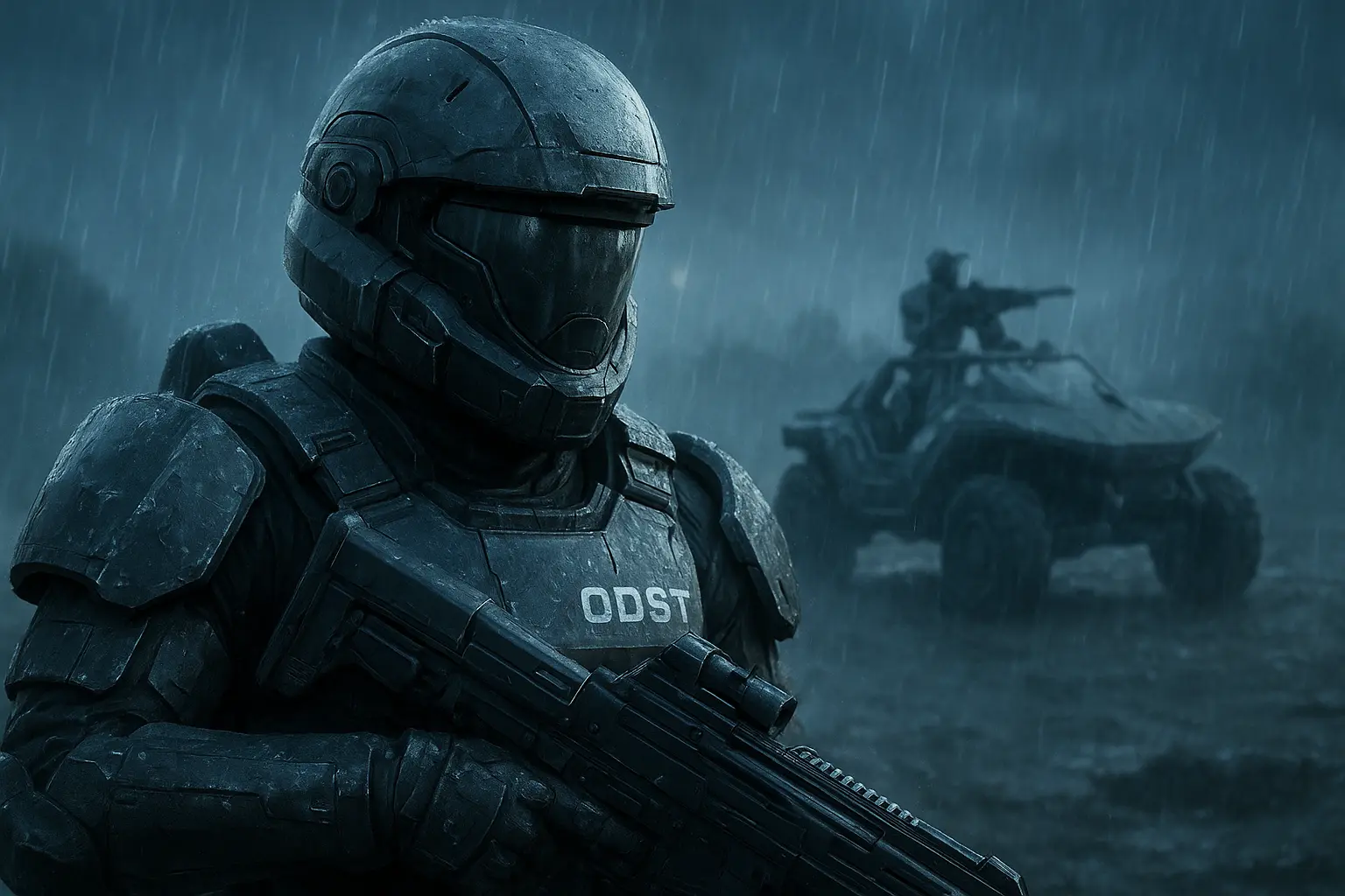 Halo ODST soldier in rain with vehicle in background