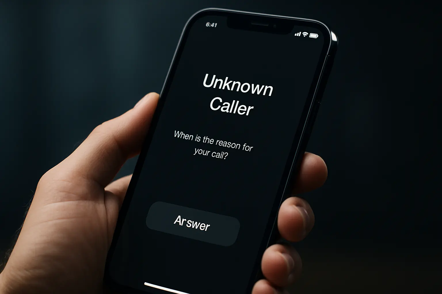 Hand holding iPhone showing call screening for unknown caller.