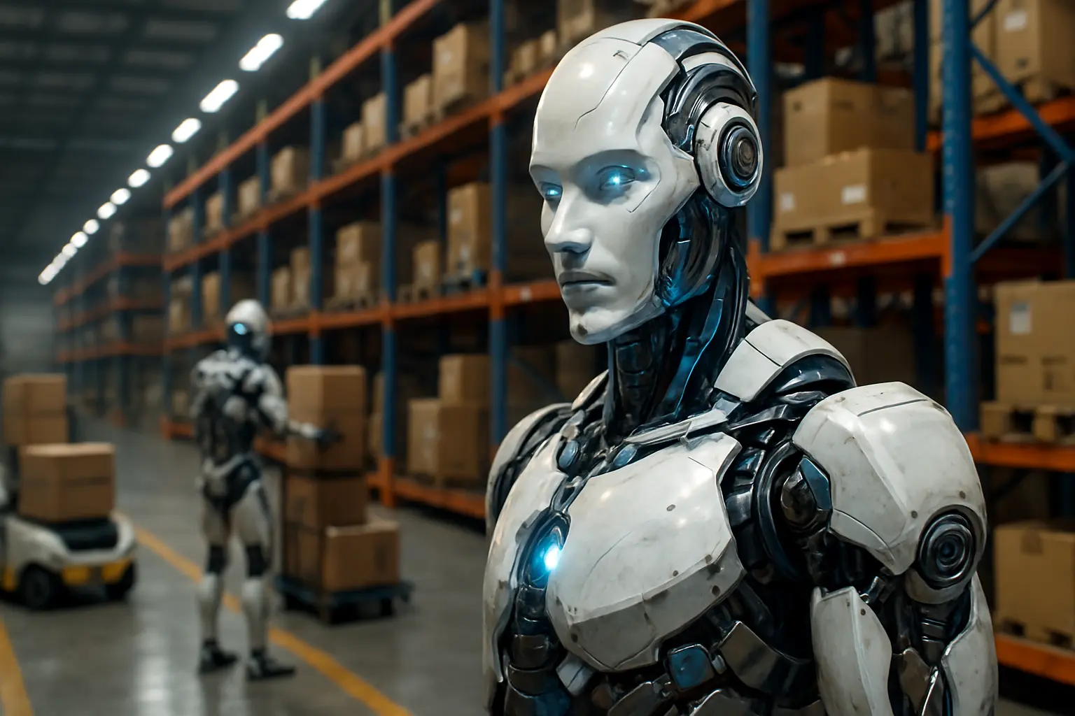 Humanoid robot in warehouse with boxes and machinery