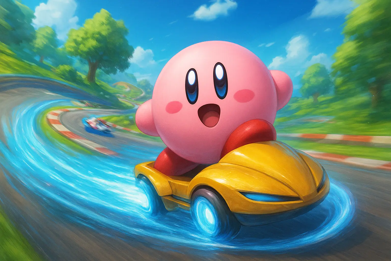 Kirby racing on golden vehicle with glowing blue trail