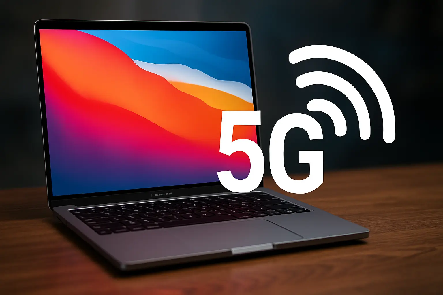 MacBook Pro on desk with vibrant screen and 5G symbol