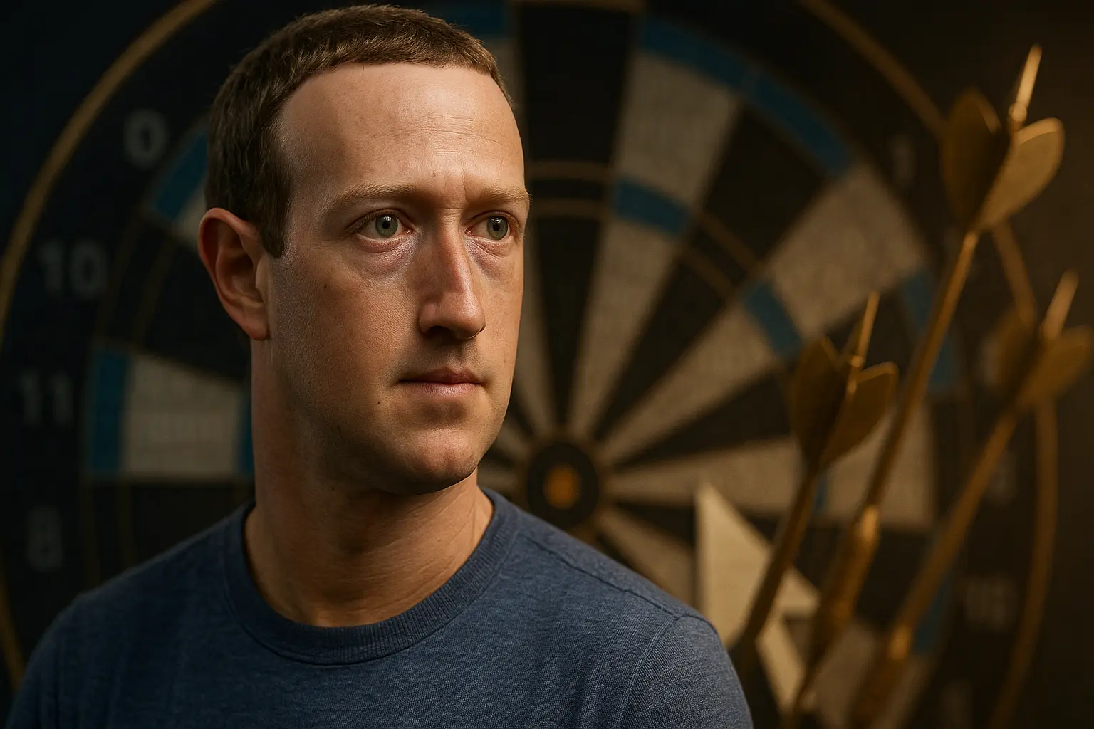 Mark Zuckerberg in front of a dartboard with golden darts