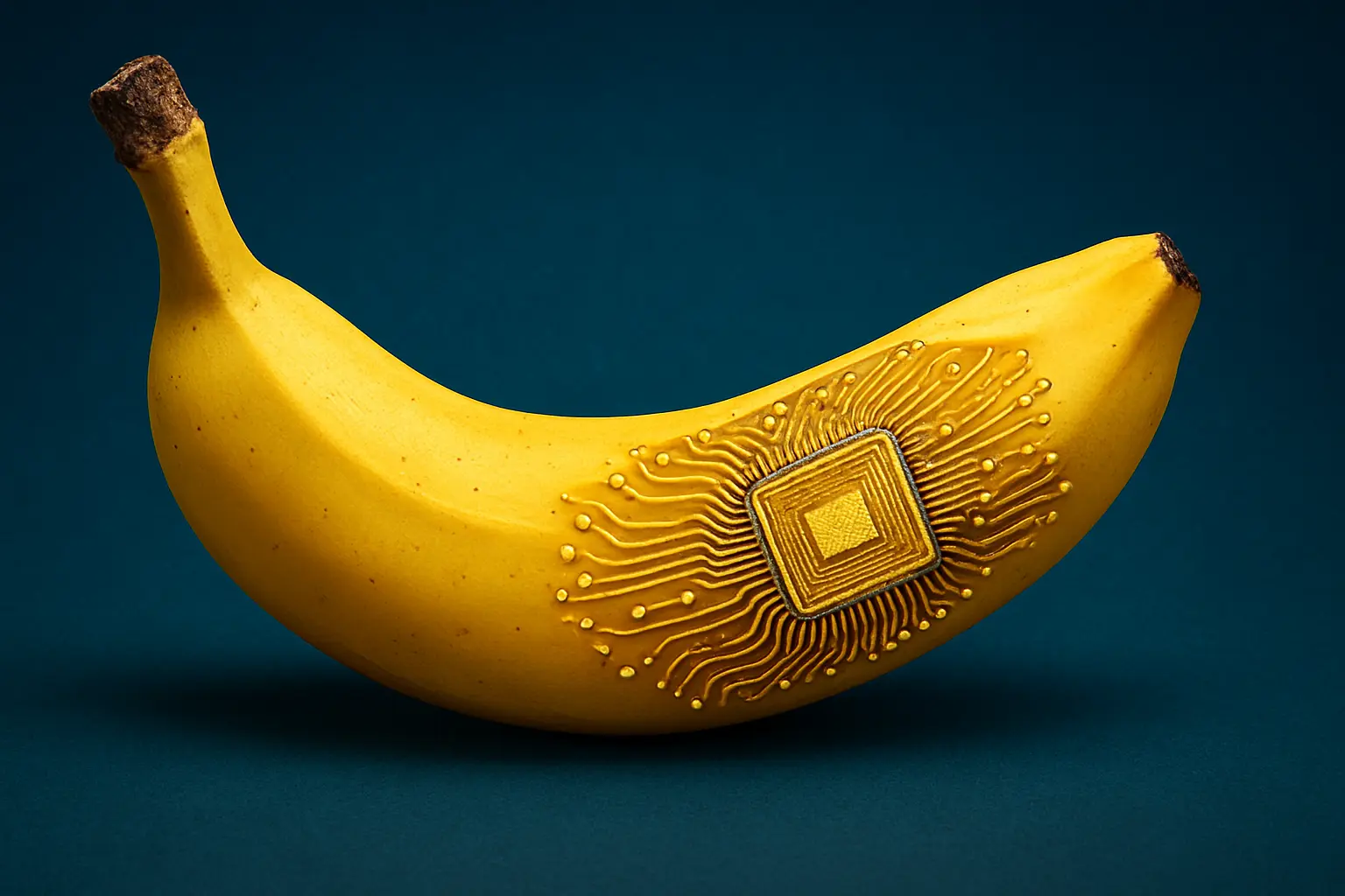 Nano banana model with AI microchip circuit on banana