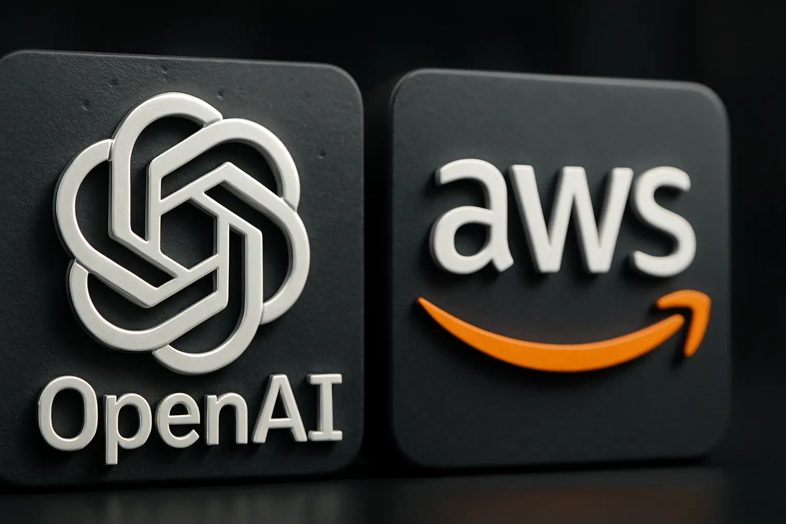 OpenAI and AWS 3D logos side by side on dark background