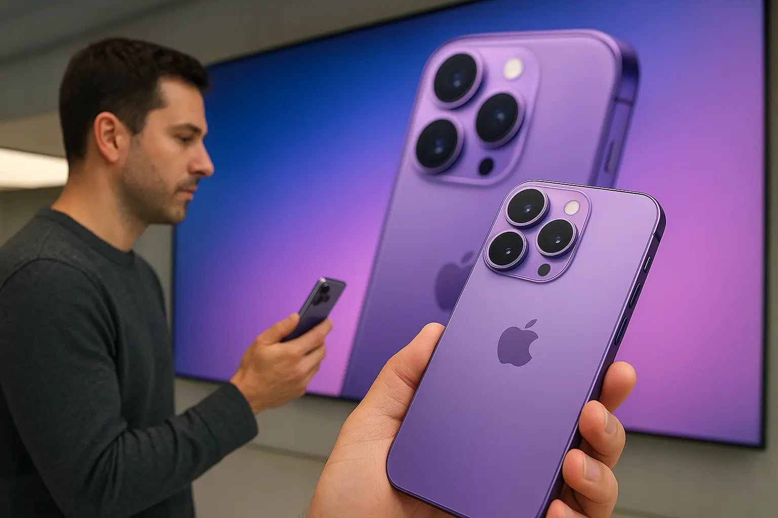 Purple iPhone 17 showcased at Apple Event in Apple Store