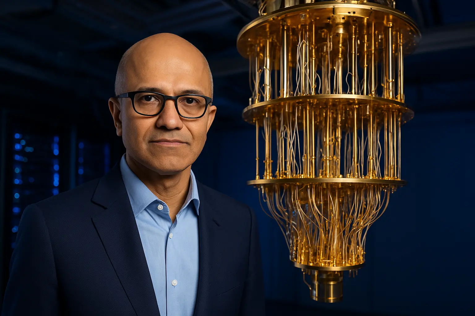Satya Nadella beside advanced quantum computing hardware