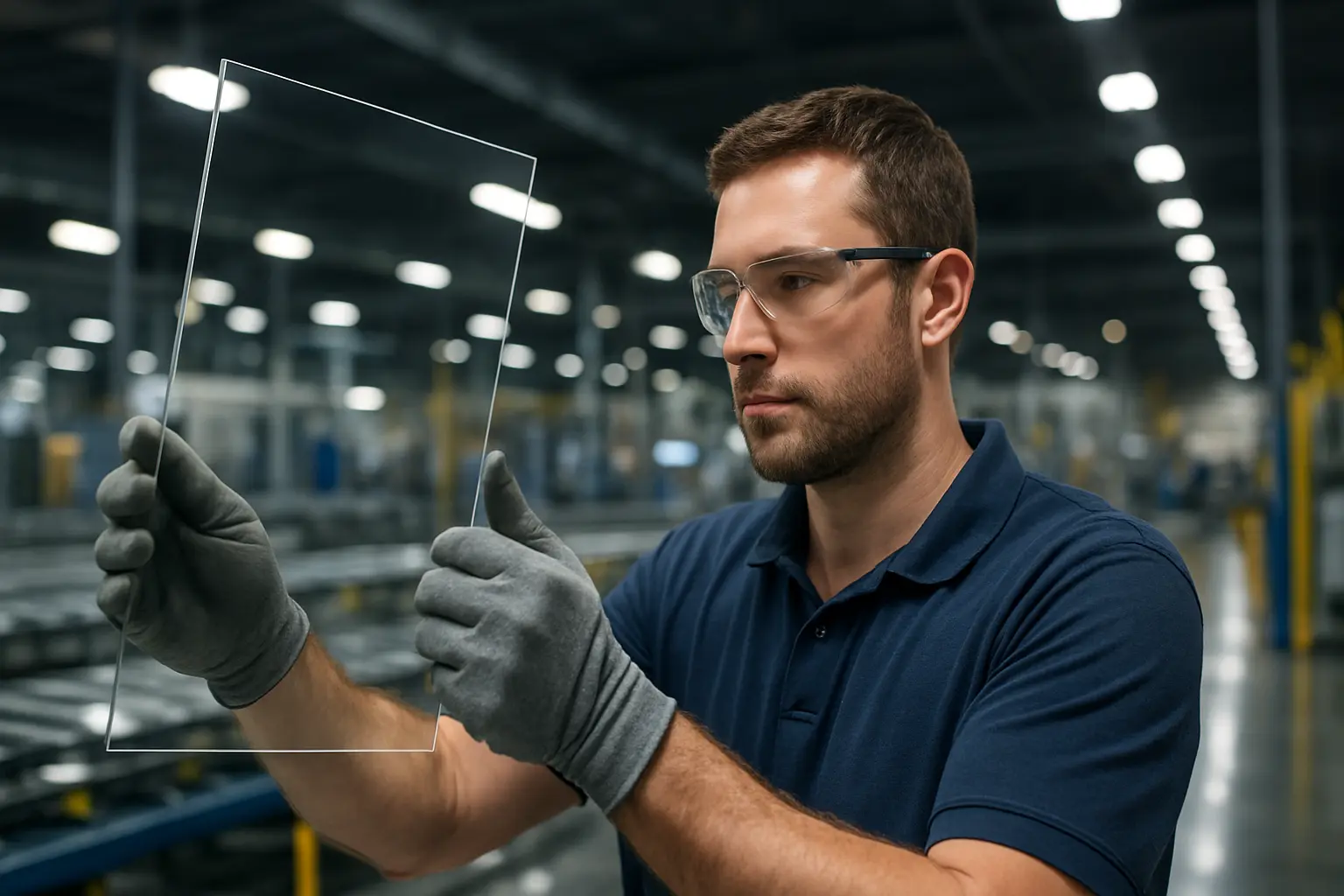 Technician inspects glass sheet in modern factory setting