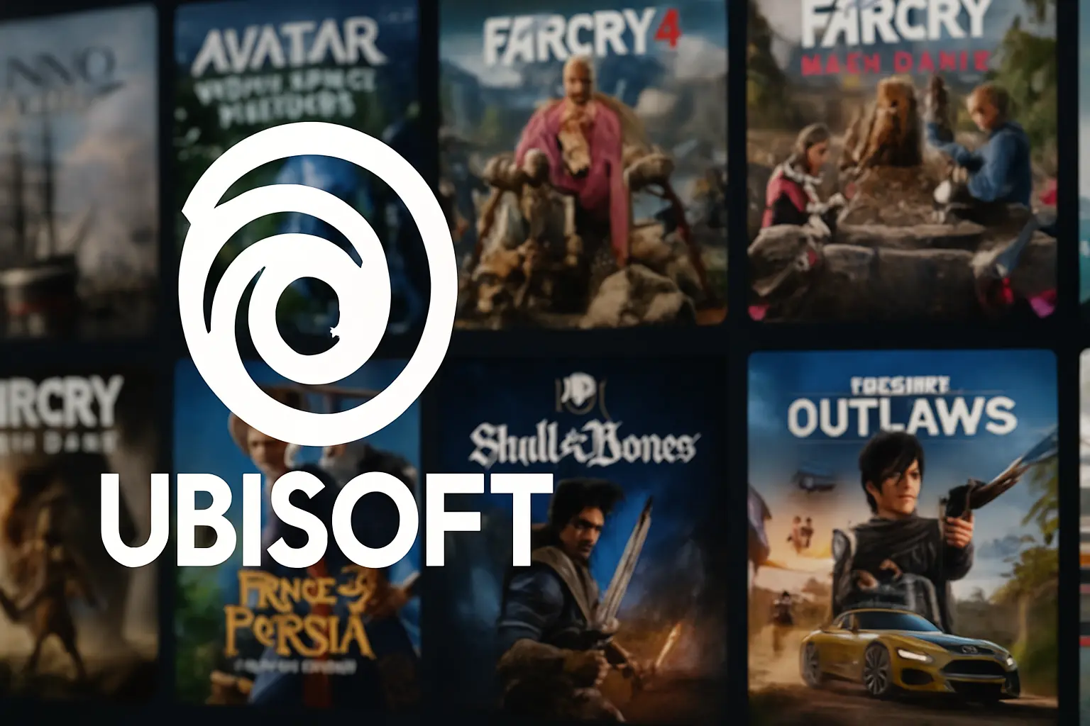 Ubisoft logo with game covers in ultra-detailed background