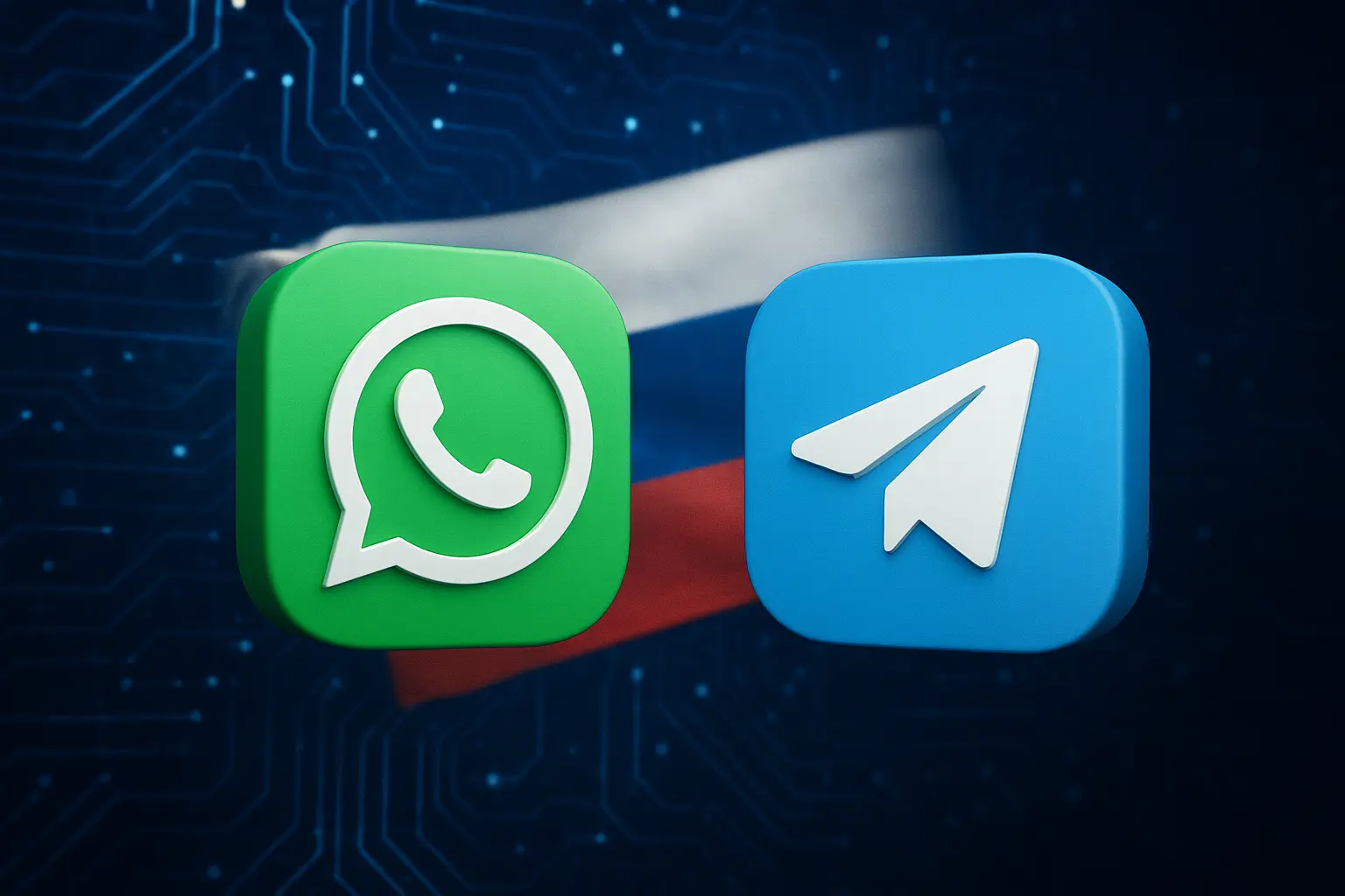 WhatsApp and Telegram logos with Russian flag background