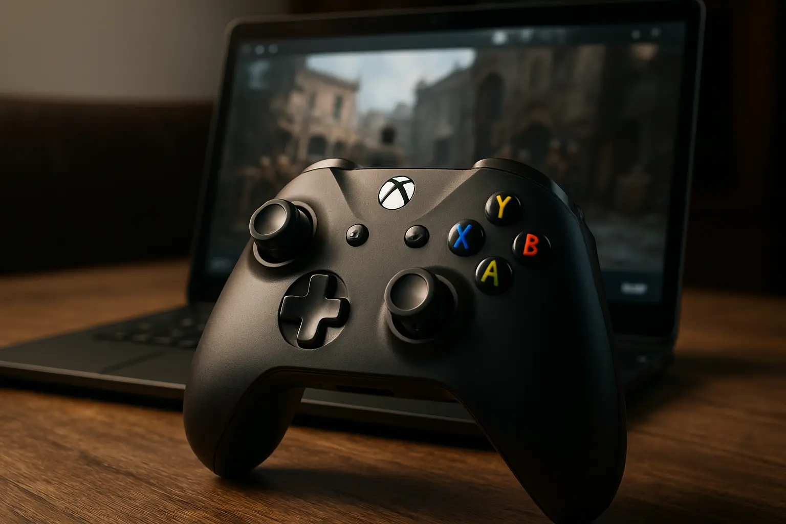 Xbox controller in front of a gaming laptop on wooden desk.